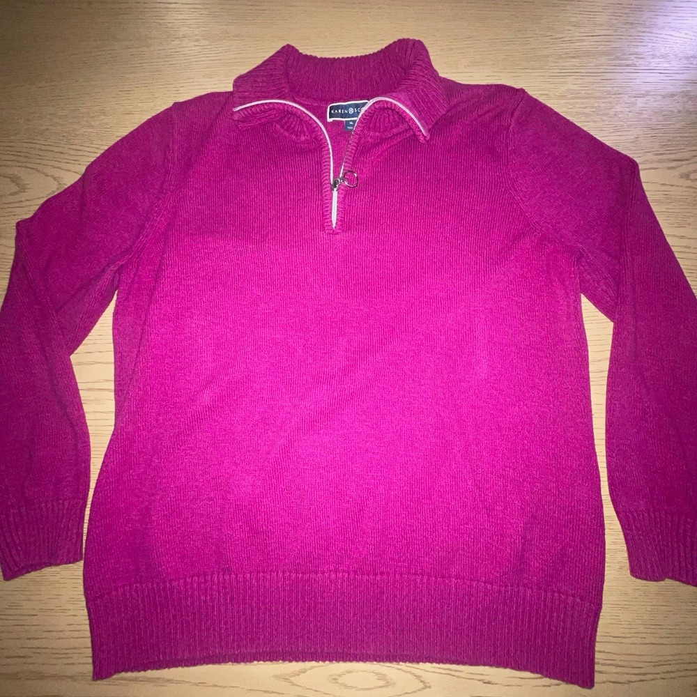 Karen Scott Womens XL Purple Cotton Knit 1/4 Zip Mock Neck Pullover Sweater